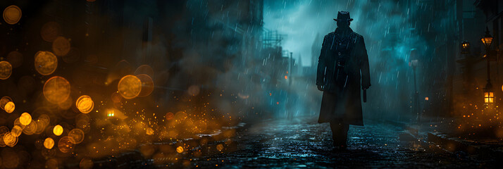 Mysterious Silhouette of a Man Walking in an Old,
 a man standing in the rain in a dark alley - obrazy, fototapety, plakaty
