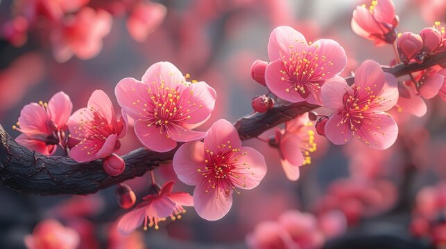  A clear image shows a close-up of a pink flower on a tree branch with pink flowers in the foreground against a focused, sharp background