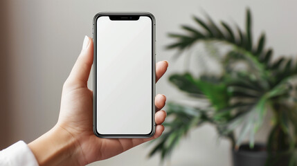 A person holds a cellphone in their hand, tapping on the screen with a look of focus and concentration.  Mobile Phone Mockup with white screen