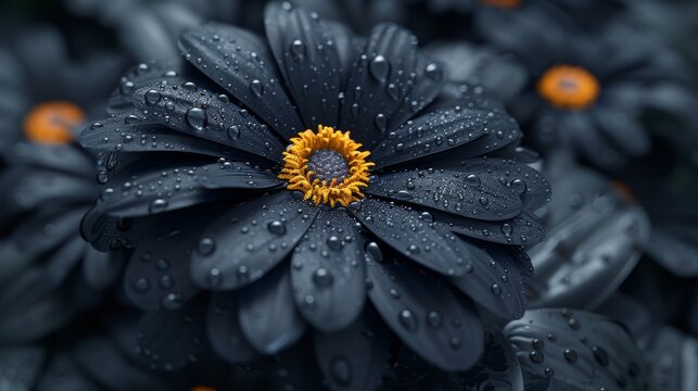  A black-and-yellow flower in focus with water droplets on its petals and a clear center