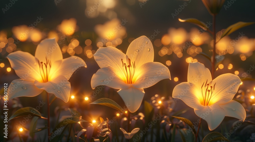 Poster a cluster of white blossoms with illuminations in the center of the flowers and surrounding them for