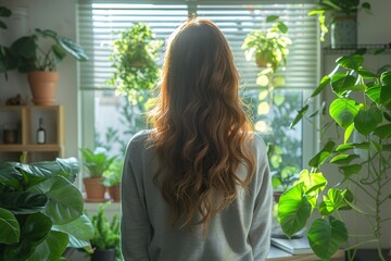 A woman gazes out from a sunlit room filled with lush houseplants.