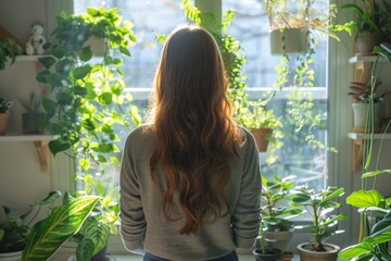 A woman gazes out from a sunlit room filled with lush houseplants.