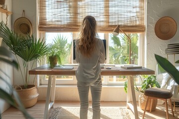 A woman stands at a standing desk in a cozy, plant-filled home office.