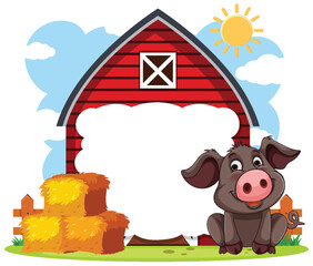 Cheerful piglet outside red barn with hay bales