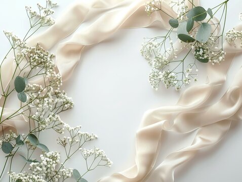 Styled stock photo Feminine wedding desktop mockup with baby's breath Gypsophila flowers, dry green eucalyptus leaves, satin ribbon and white background Empty space Top view Picture for blog