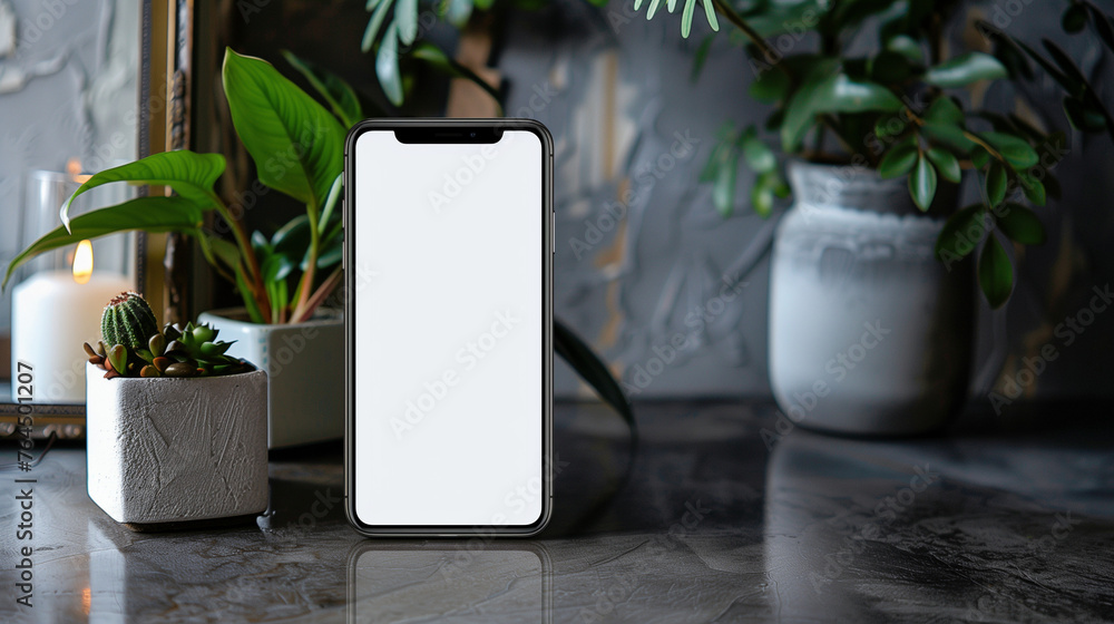 Poster a sleek cell phone rests on a table next to a mirror, creating a modern and reflective scene. mobile