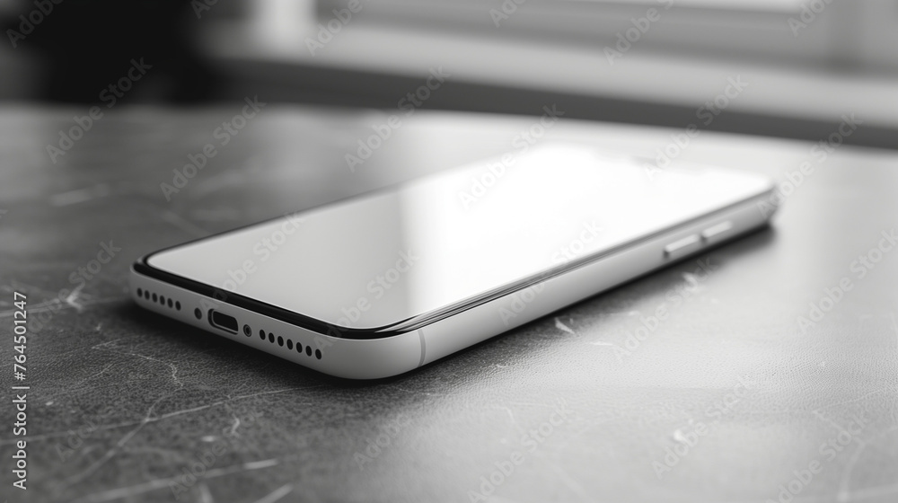 Poster a close-up view of a sleek cell phone resting on a table, waiting to be touched and explored. mobile