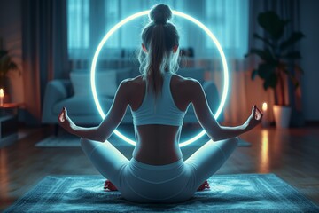 A person meditates in a yoga pose with a neon light ring behind them.