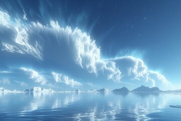 Ethereal clouds over a calm sea with a snowy mountain backdrop.