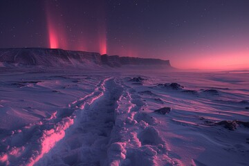 Northern lights over a snowy desert with a mountain plateau.