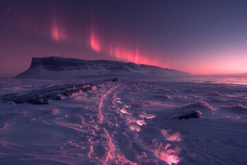 Northern lights over a snowy desert with a mountain plateau.