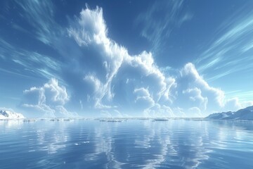 Ethereal clouds over a calm sea with a snowy mountain backdrop.