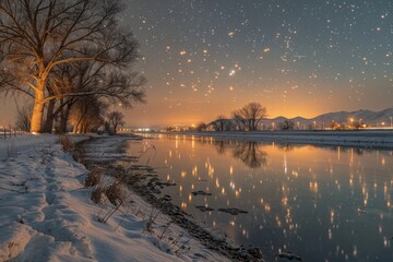 Starry night sky above a snowy riverbank with city lights in the distance.