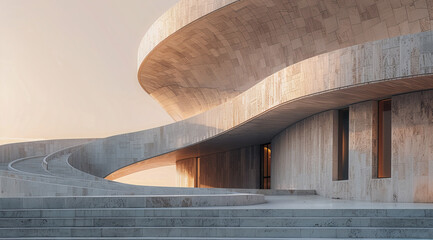 Curved modern structure with the glow of sunset on its facade, ai generated - Powered by Adobe