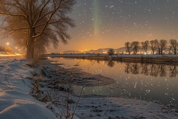 Starry night sky above a snowy riverbank with city lights in the distance.