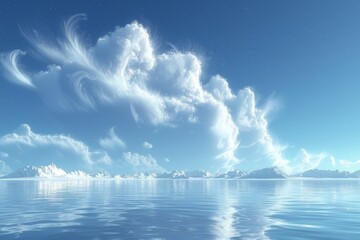 Ethereal clouds over a calm sea with a snowy mountain backdrop.