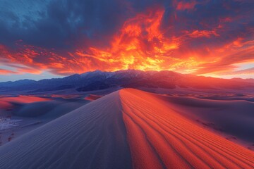 A dramatic desert sunset with a blazing sky over sand dunes.