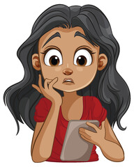 Cartoon of a thoughtful girl holding a mobile device