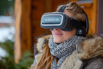 A person in winter clothing engages with a virtual reality device outdoors.