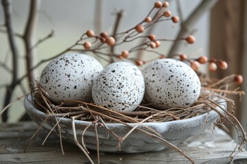 Obraz premium A rustic arrangement of speckled eggs in a nest with dried twigs and round buds on a wooden surface.