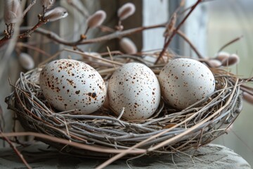 Obraz premium A rustic arrangement of speckled eggs in a nest with dried twigs and round buds on a wooden surface.