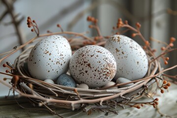 A rustic arrangement of speckled eggs in a nest with dried twigs and round buds on a wooden surface.
