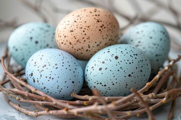 Naklejka na ściany i meble Speckled eggs in pastel blue and brown shades rest in a twig nest with delicate white blossoms.