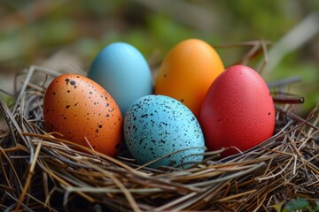 Naklejka na ściany i meble A collection of five speckled eggs in a nest, with a focus on vibrant hues of red, blue, yellow, and brown.
