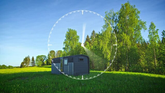 Time-lapse of a cabin during the Four seasons, with a rotating animated clock