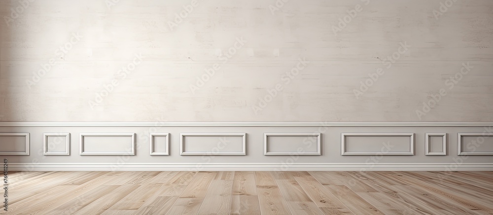 Poster a simple and minimalistic room with a wooden floor and a pristine white wall, creating an airy and c