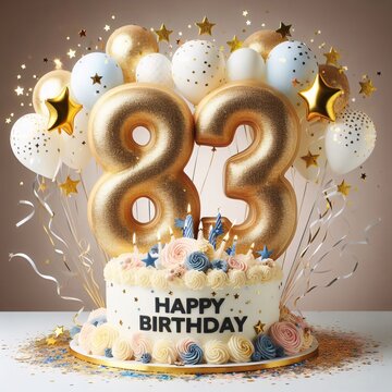 Vector Illustration of a Number 83rd Birthday Balloon Celebration Cake, Adorned with Sparkling Confetti, Stars, Glitters, and Streamer Ribbons for a Festive Atmosphere	