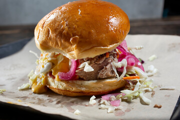 A view of a pulled pork burger.