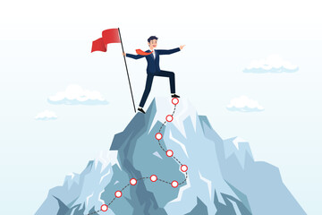 Success businessman winner on hilltop milestone path, success journey, milestone to reach goal, challenge or achievement, business progress or growth to succeed, climbing mountain mission (Vector)