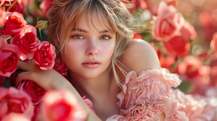 Beautiful young woman in roses flowers in pink dress, romantic background Blond young woman leaning on pillow in red roses garden outdoor in spring