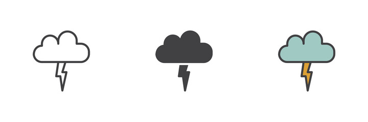 Cloud with lightning bolt different style icon set