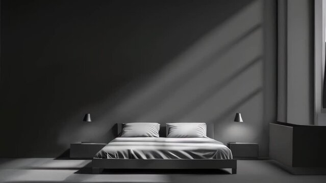 Interior of modern bedroom with black walls, concrete floor, comfortable king size bed and lamp.