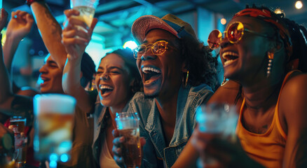 A group of friends cheering and laughing while watching sports in a bar, holding beer glasses with...