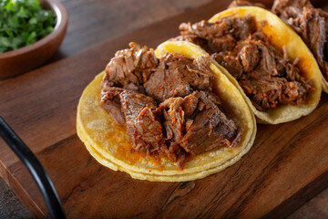 A closeup view of some beef birria tacos.