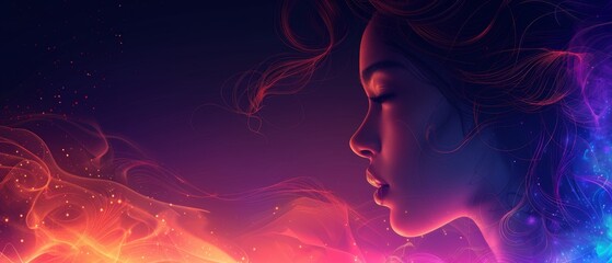 Modern psychedelic background for flyers or brochures, colorful abstract poster and cover design, illustration of a girl who listens to music, electronic music festival banner