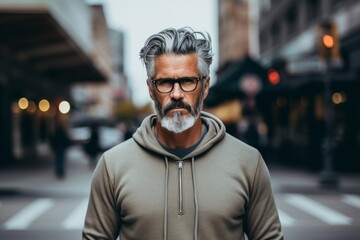 Portrait of a handsome middle-aged man with a gray beard and mustache in a gray sweatshirt on the city street. - obrazy, fototapety, plakaty