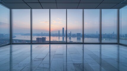 There is a view from above showing an empty floor and the city skyline of Hangzhou.