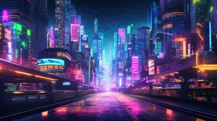 Naklejka premium The picture of the neon night time futuristic cyberpunk scifi metropolis yet bright with neon light that fill everywhere of metropolis and fill with tall building and long roadway at night. AIGX01.