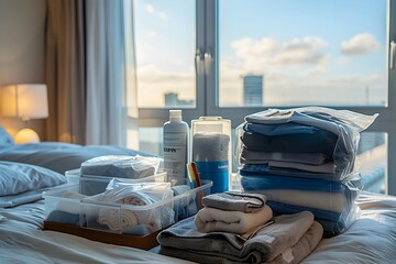 Preparing for a Journey: Travelers Organize Essentials for a Cozy Bedroom or Bustling Terminal Stay