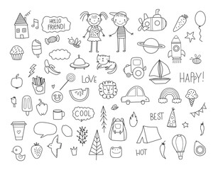 A set of children drawings. Hand drawn set of cute doodles for decoration on white background
