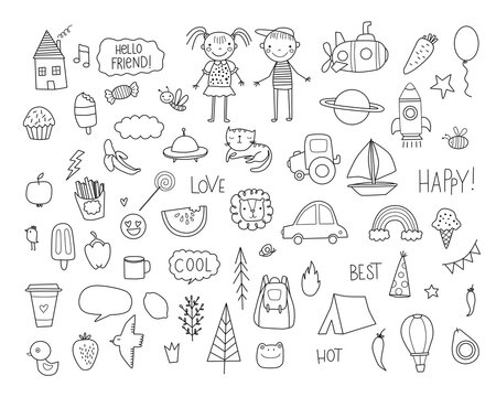 A set of children drawings. Hand drawn set of cute doodles for decoration on white background