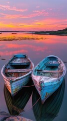 Twilight Serenity: Weathered Fishing Boats at Rest in a Tranquil Harbor, Capturing the Essence of a...