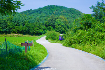 Bike Path by Songji Lake with Green Mountain Backdrop