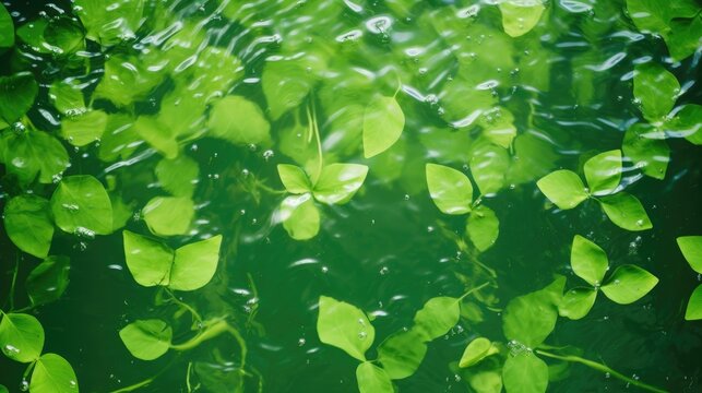 Green leaves on the surface of the water. Beautiful background with water ripples for product presentation. Summer refreshing background.