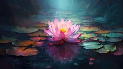 An open lotus flower on the lake. The concept of meditation and spirituality. Fabulousness and fantasy. - obrazy, fototapety, plakaty